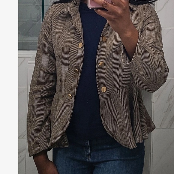 Classic Brown Herringbone Ruffle Hem Open Front Jacket Coat - Picture 7 of 9